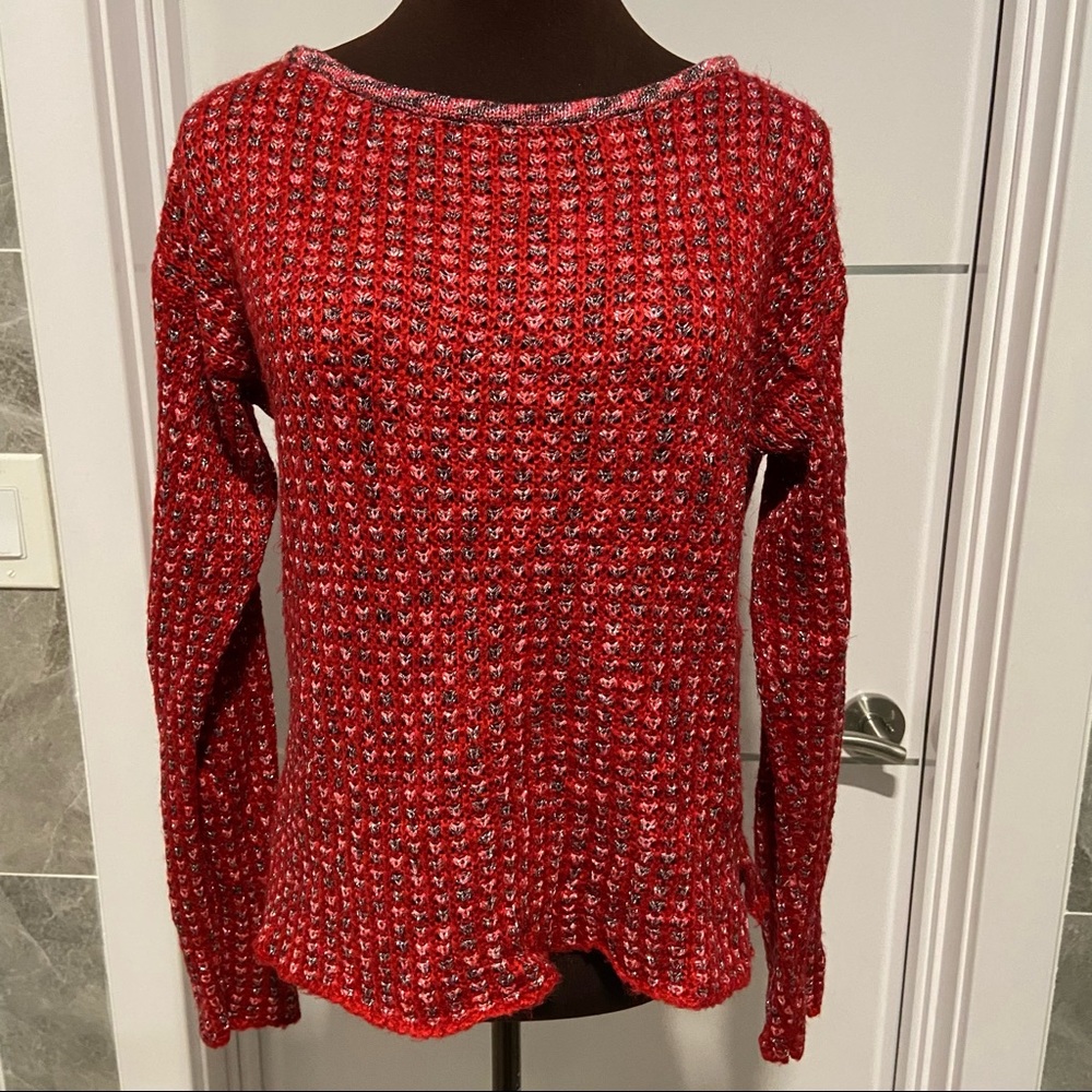 Elementz stretchy soft red pink metallic knit crew neck sweater